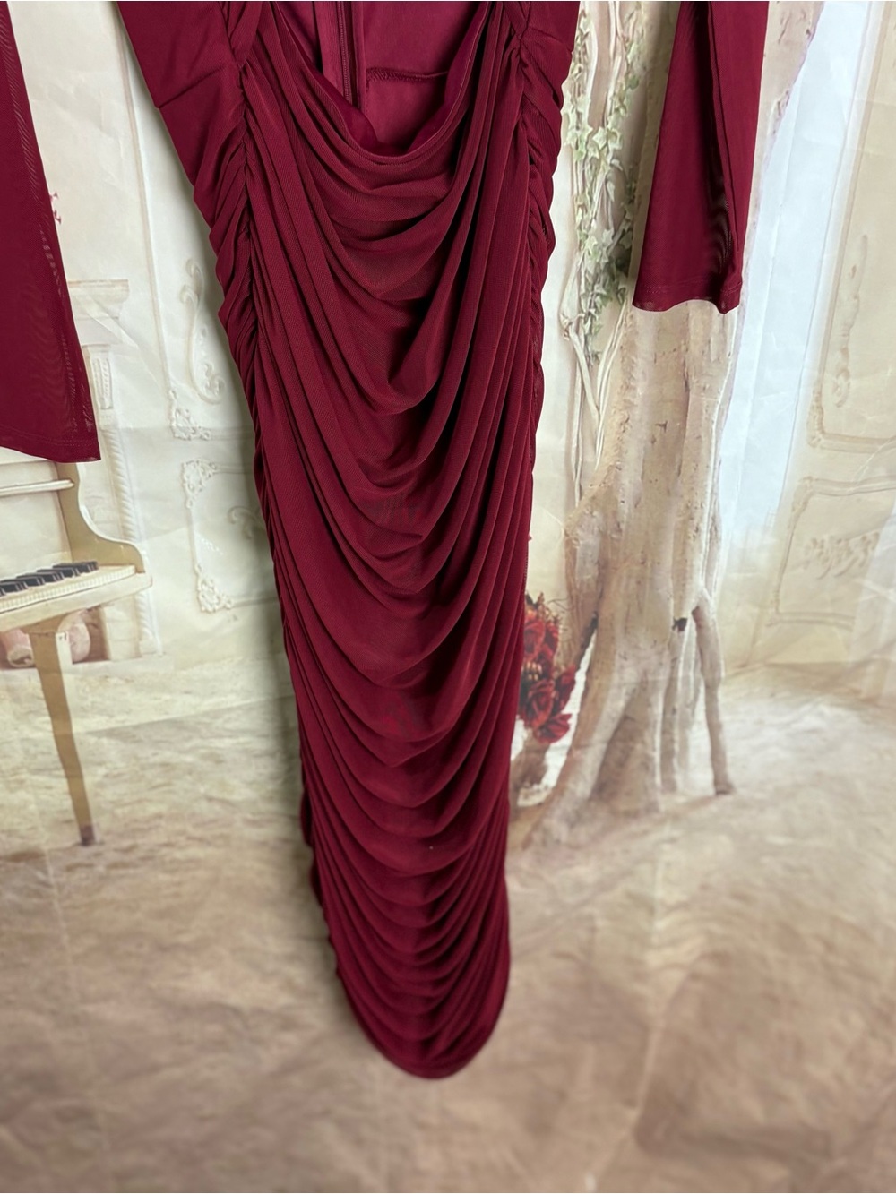 NEW Alexia Admor Burgundy Ruched Mesh Long-Sleeve Evening Dress - Picture 4 of 11